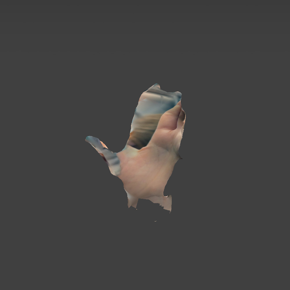 Rendered scan of the palm in scaniverse with the hand making the vulcan salute.